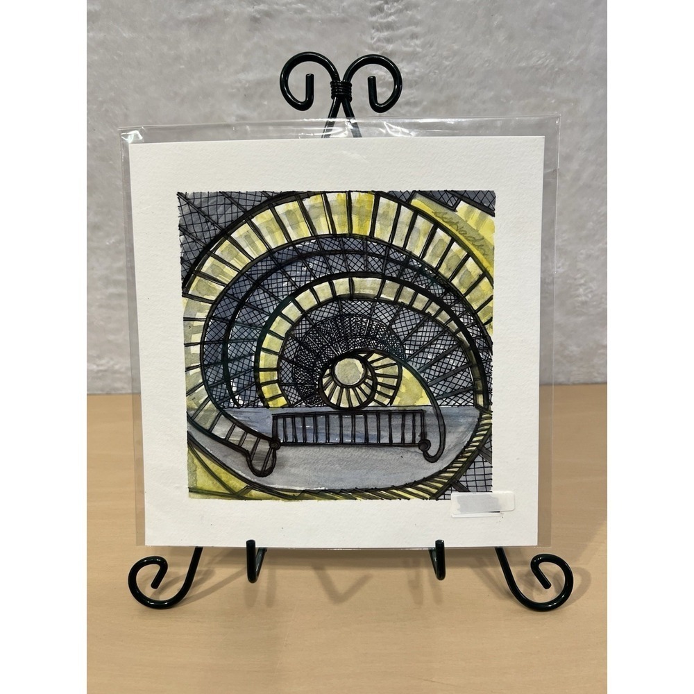 Sarah‎ Haden Original Watercolor & Ink Spiral Staircase Painting 8x8 Signe